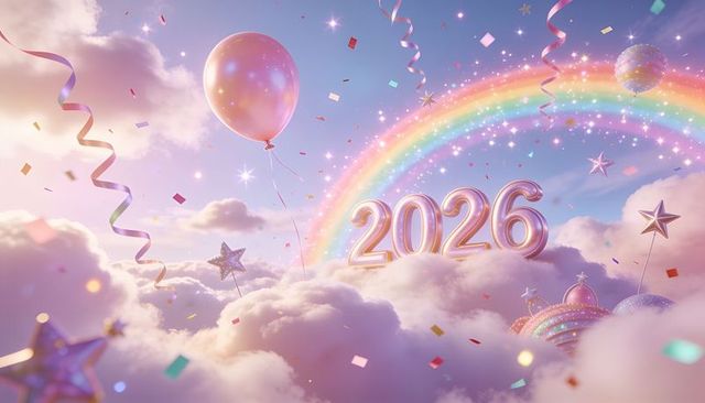 Floating metallic 2026 numerals drifting above pastel clouds with rainbow confetti