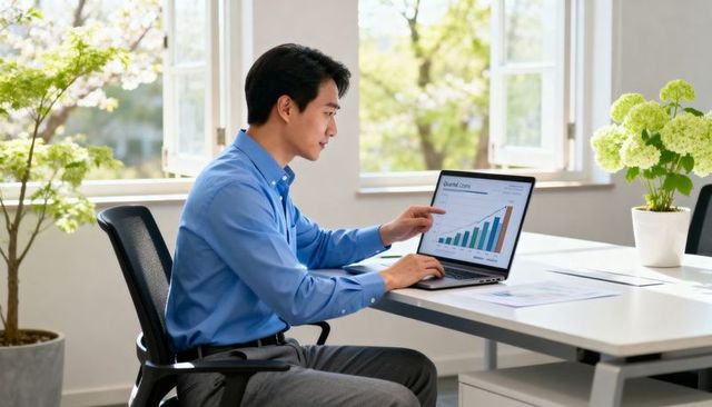 Business analyst pointing at laptop showing rising bar chart in sunlit modern office