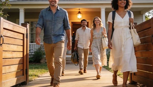 Smiling friends walking out of suburban home at sunset carrying bags through wooden gate