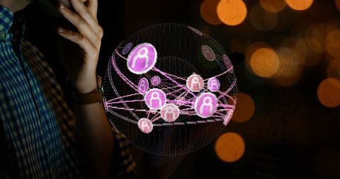 Man manipulating holographic social network globe with neon nodes and warm bokeh lights