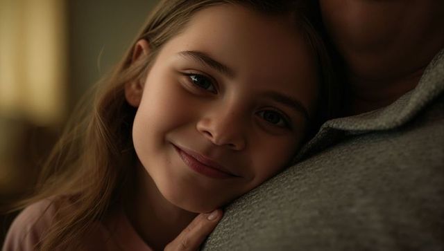 Smiling young girl leaning on parent's chest sharing warmth and quiet connection