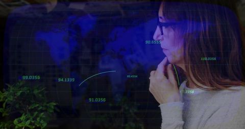 Pensive Woman Analyzing Virtual Global Data Amidst Innovation Technology