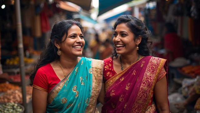Women in vibrant sarees enjoying traditional bazaar