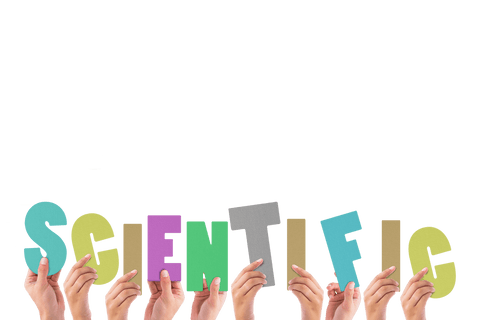 Hands holding colorful letters spelling 'scientific' on transparent background