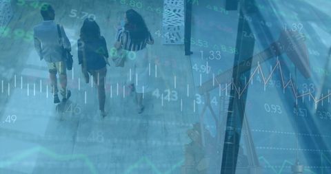 Financial Data Overlaying Unrecognizable Business People Walking in Office