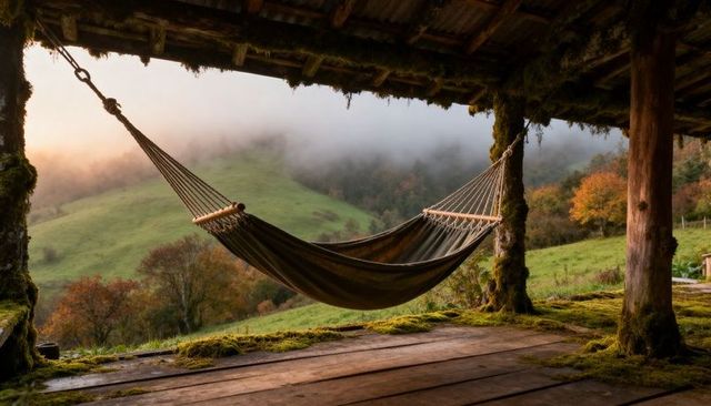 Mossy hammock on rustic covered porch overlooking misty autumn valley at sunrise glow