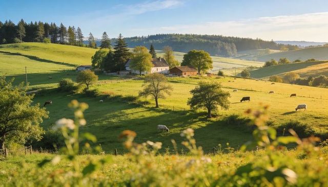 Sunlit pastoral valley with white farmhouse and barns, grazing cows and sheep on rolling meadows