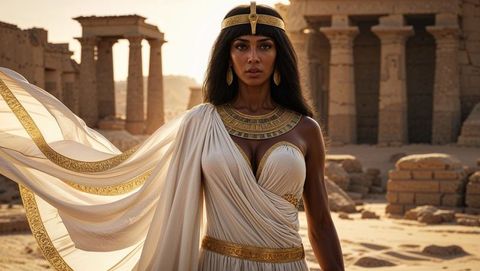Elegant woman in historical cleopatra gown in ancient ruins