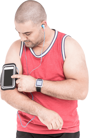 Man interacting with smartphone armband while listening to music