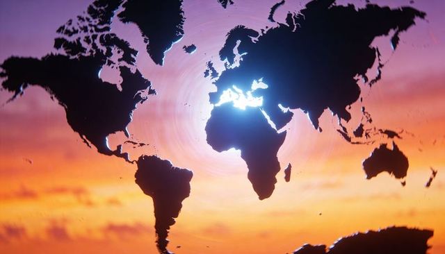 World map silhouette emitting radiant european glow over warm sunset gradient