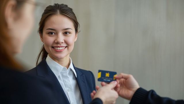 Smiling asian receptionist accepting id card during corporate lobby checkin and onboarding