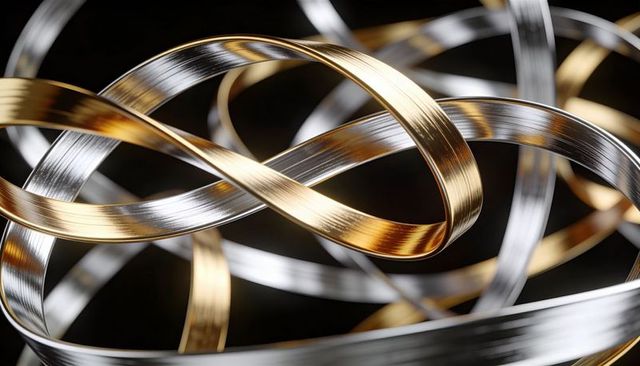 Weaving brushed gold and silver ribbons forming abstract metallic loops and texture
