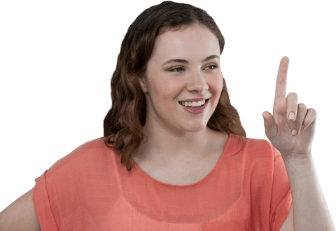 Young woman smiling and pointing on transparent background