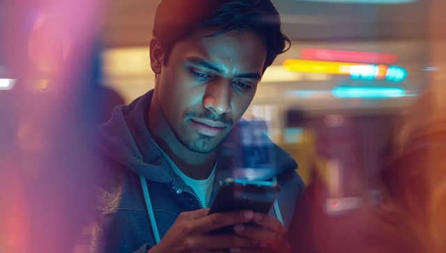 Young Man Engaged with Smartphone in Vibrant Subway Atmosphere