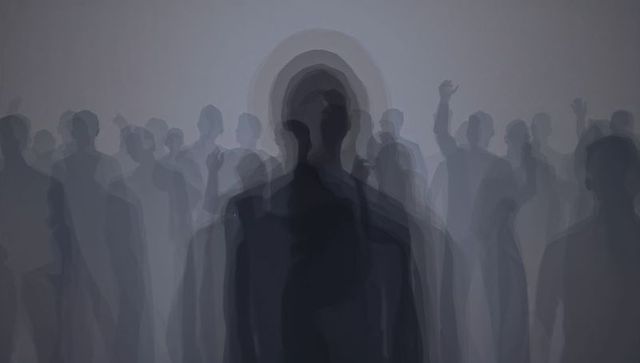 Surreal crowd with central figure creating layered halo and ghosting anonymity
