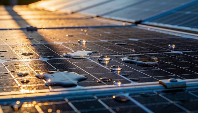Glinting Photovoltaic Panels Showing Water Droplets Reflecting Sunrise on Mounting Rails