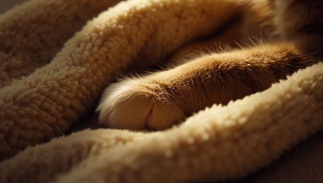 Resting orange cat paw nestling into plush sherpa blanket with warm side light, close-up