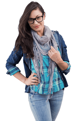 Stylish Caucasian Woman in Denim with Glasses on Transparent Background