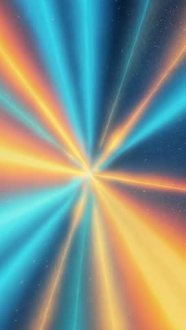 Vertical cosmic burst of radial orange and teal light beams rotating and pulsating in space