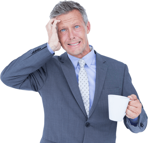 Irritated Businessman Holding Coffee Cup on Transparent Background