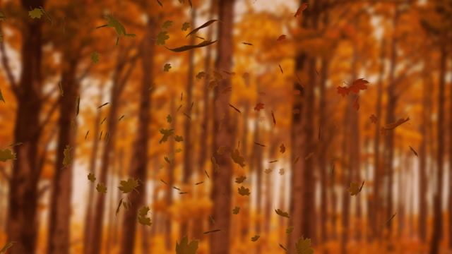 Visualizing serene autumn leaves falling in a mystical forest evokes tranquility and the beauty of seasonal change. Perfect for nature-themed presentations, seasonal promotions, backgrounds for websites and mindful, tranquil scenes in media projects.