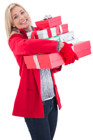Smiling Woman in Red Coat Holding Many Transparent Holiday Gift Boxes