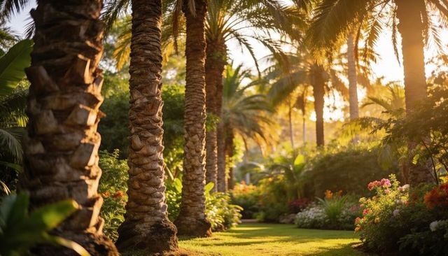 Sunlit palm corridor guiding gaze along lush tropical garden walkway