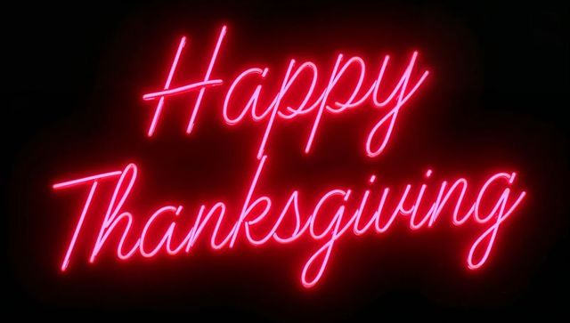 Pink Neon Happy Thanksgiving Sign with Cursive Tubing and Halo Glow