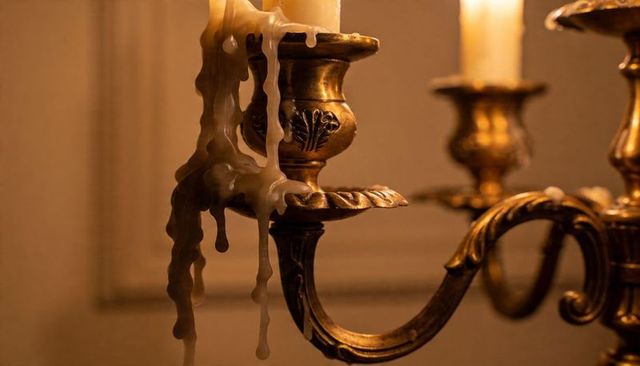 Antique brass candelabra with dripping candle wax, warm candlelight and elegant ambiance