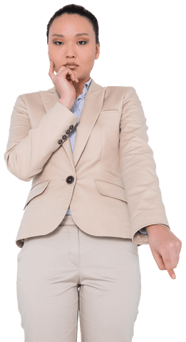 Focused Asian Businesswoman with Hand Gesture Transparent Background