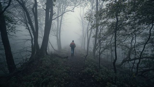 Hiker walking foggy forest trail carrying orange backpack and trekking pole moody solitude