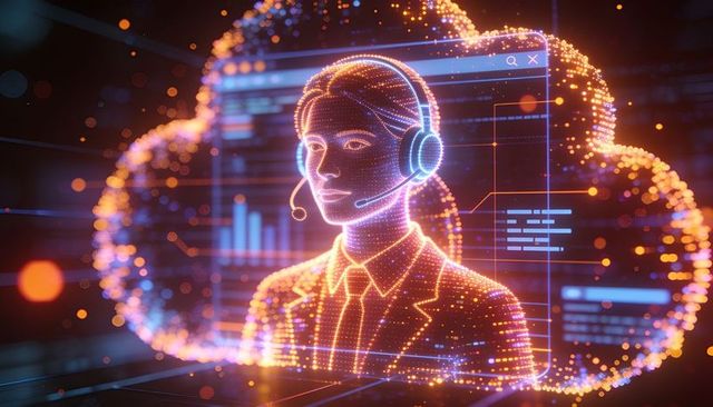 Streaming ai support avatar visualizing cloud analytics and interactive dashboard interface