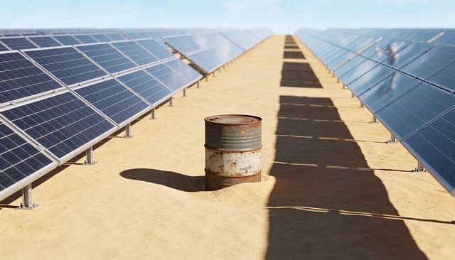 Rusted Barrel Sitting on Sandy Walkway Between Solar Panel Rows in Desert Solar Farm