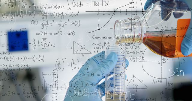 Image of mathematical equations on mid section of scientist performing experiment at laboratory - Download Free Stock Photos Pikwizard.com