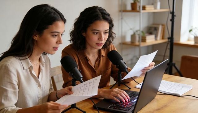 Female cohosts recording podcast at home studio using microphones and laptop collaboration