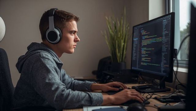 Teen Computer Programmer Coding at Home Desk