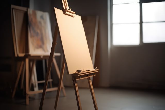Blank canvas on wooden easel by window in painter's studio, created using generative ai technology - Download Free Stock Photos Pikwizard.com