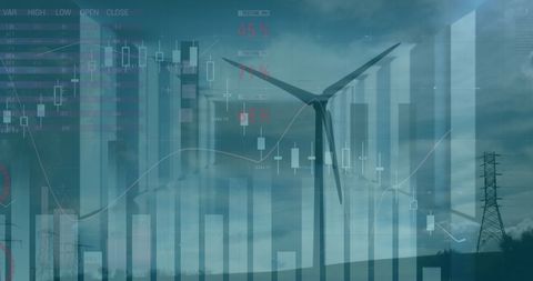 Finance and renewable energy collage with wind turbine