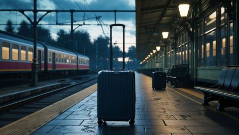 Solitary suitcase on reflective train station platform at dusk