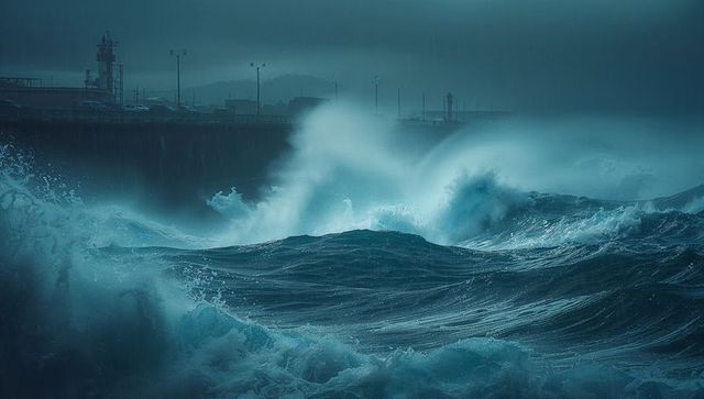 Stormy ocean waves crashing on harbour breakwater in dim light