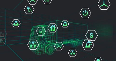 3d green wireframe truck with futuristic technology icons