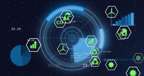 Futuristic hud displaying eco data visualization with wind turbine, recycling charts