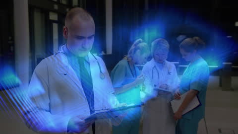 Caucasian Doctors Collaborating with Digital Interface Holographs