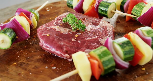 Raw Steak and Colorful Vegetable Skewers with Seasoning - Download Free Stock Images Pikwizard.com