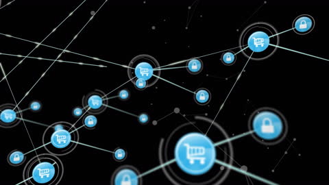 E-commerce Security Network with Digital Cart and Padlock Icons