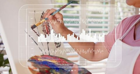 Artist painting on easel at home wearing apron holding palette with data hud overlay