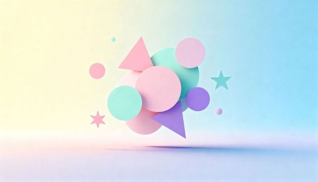 Floating pastel geometric cluster with circles, triangles and stars on soft gradient background