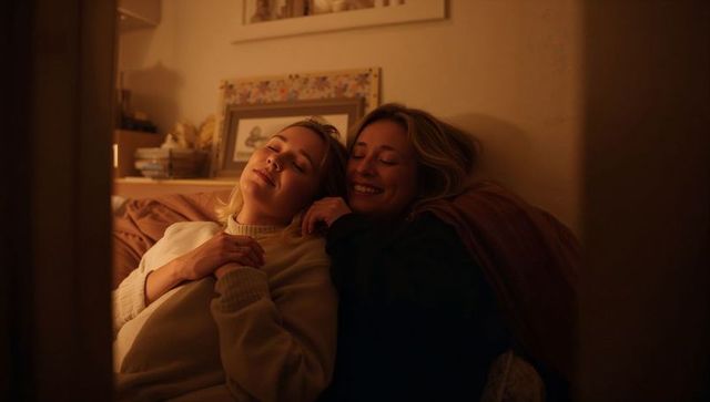 Warm evening cuddle two women on sofa wearing knit sweaters, soft ambient light, cozy interior