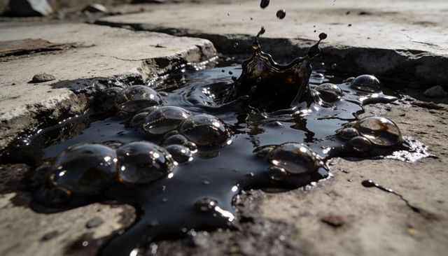 Glossy oil spill forming domed bubbles and splash on weathered concrete pavement sunlit close-up