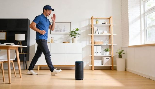 Walking courier approaching smart speaker in modern minimalist living room